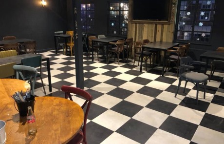 Karndean Opus Vinyl Flooring fitted in Newton Abbot Restaurant in a black and white checkerboard effect