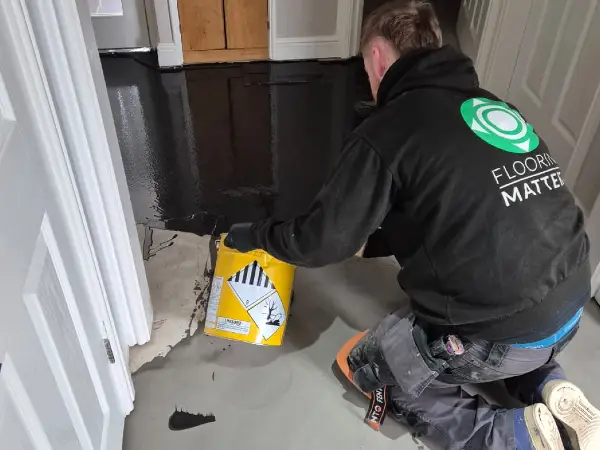 DPM being installed by Floorlayer at Flooirng Matters – part of sub floor prep in areas prone to damp