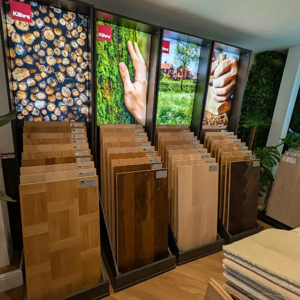 Kahrs Wood Showroom in Newton Abbot Herringbone oak flooring on our showroom floor and Kahrs parquet wood flooring on display